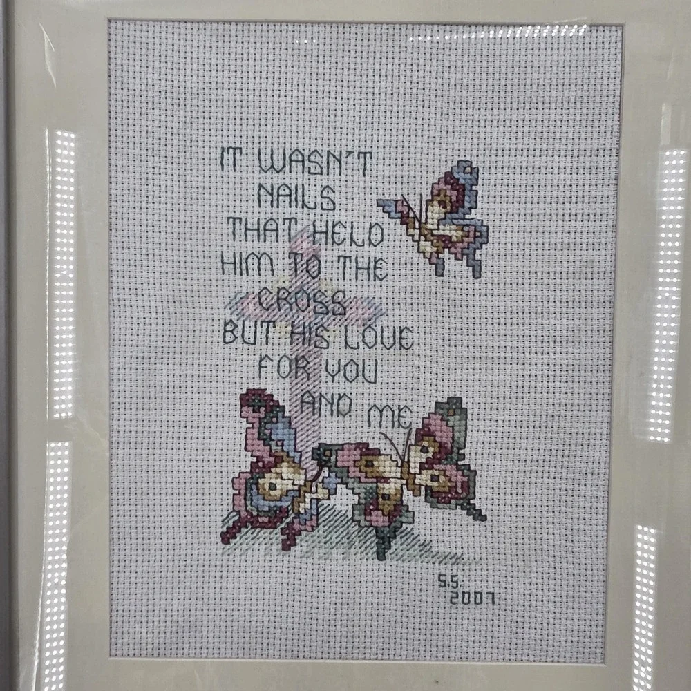VTG Handmade Completed Framed Cross Stitch It Wasn't Nails Christian 2001Decor